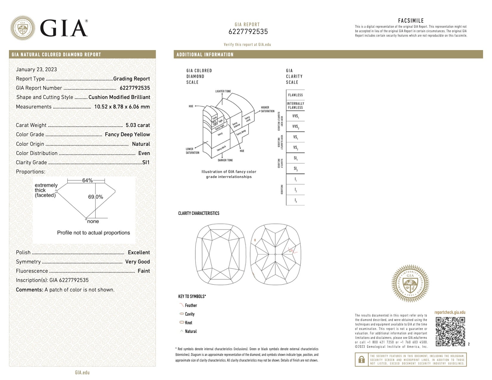 5.03 Carat Cushion Fancy Deep Egg Yolk Yellow Platinum and Gold Diamond Ring (SI1) (9224413872430)